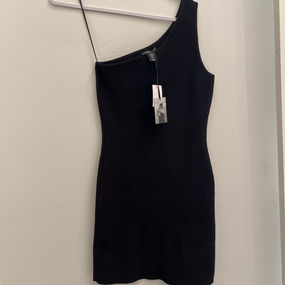 NEW Sincerely Jules Black Ribbed One Shoulder Mini Bodycon Dress Size M nwt